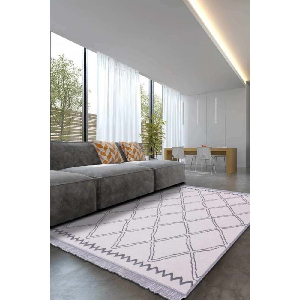 Mandaş Halı Kilimon KM03 Grey Cream Çift Taraflı Yıkanabilir Pamuklu Kilim